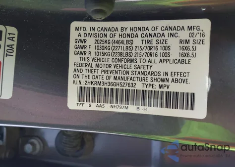 2016 Honda Cr-V Lx z USA, uszkodzony, nr VIN 2HKRM3H36GH527632